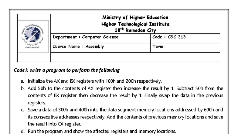CSC 313 Assembly Programming Exercises and Code Examples - Studocu
