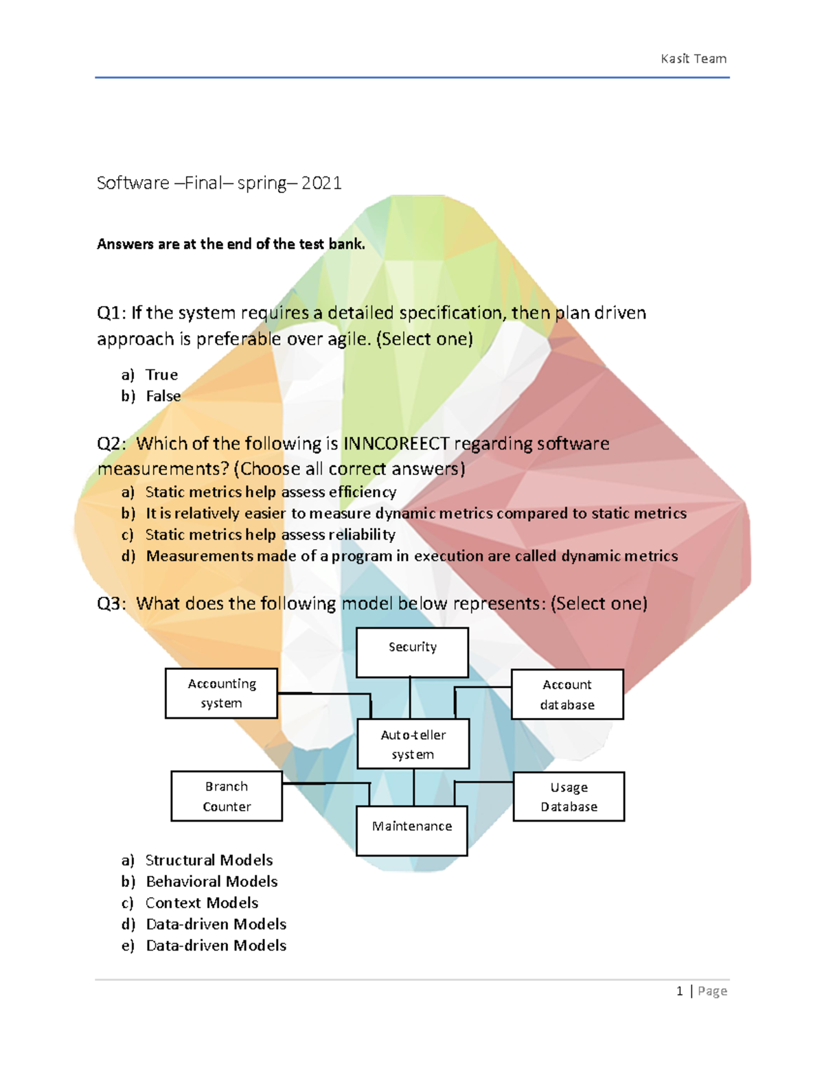 Software Engineering 2021 Spring Final Exam Test Bank - Studocu