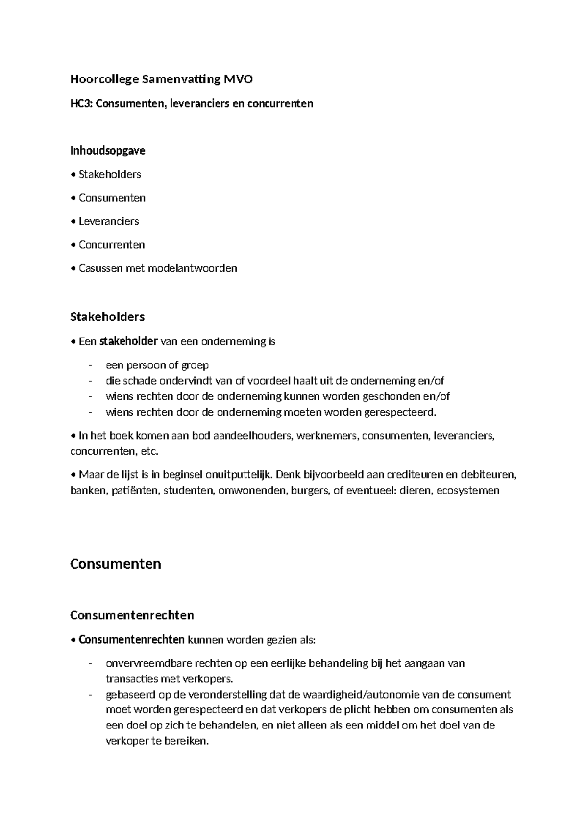 HC3 Samenvatting: Consumenten, Leveranciers en Concurrenten in MVO ...