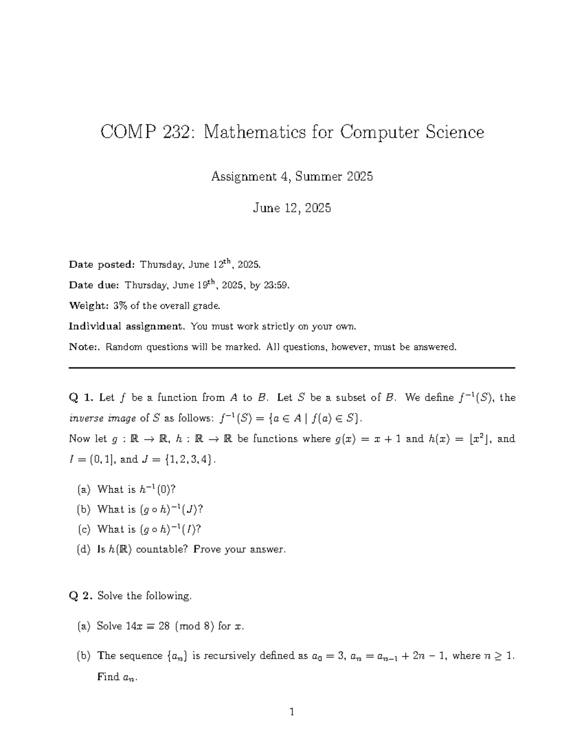 COMP 232: A4 - Mathematics for Computer Science Assignment 4 - Studocu