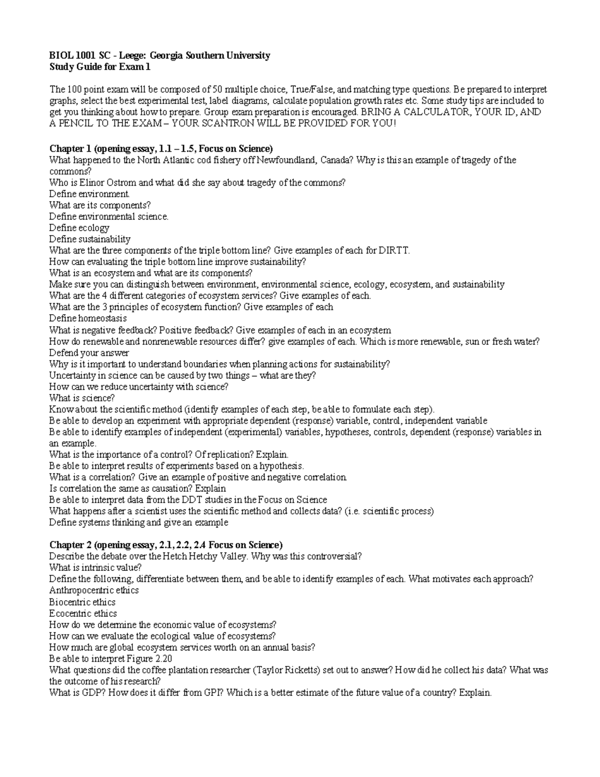 Study Guide for BIOL 1001 SC Exam 1: Key Concepts & Qs for Success ...