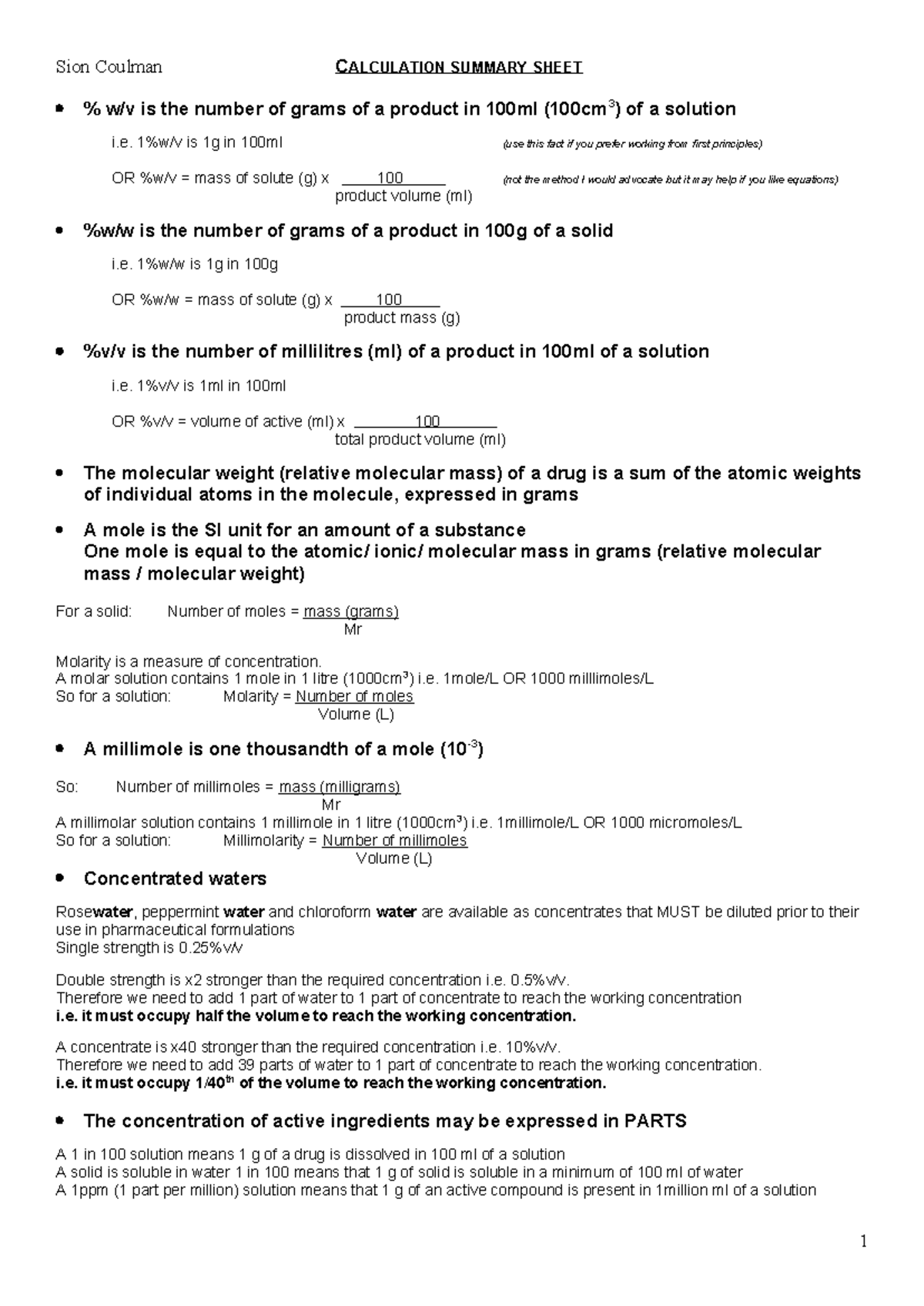 Calculation Summary Sheet for Pharmaceutical Solutions (CALC) - Studocu