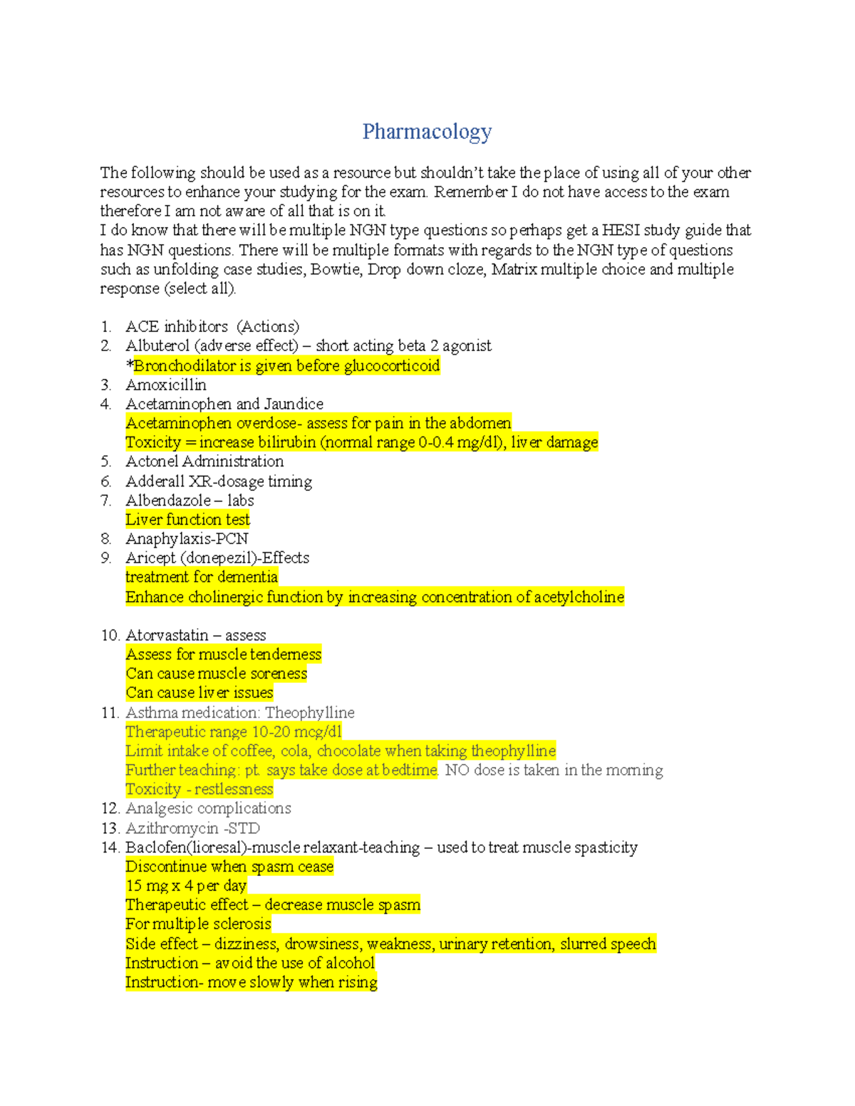 Pharmacology Study Guide: Key Areas for Exam Preparation 2024-1 - Studocu