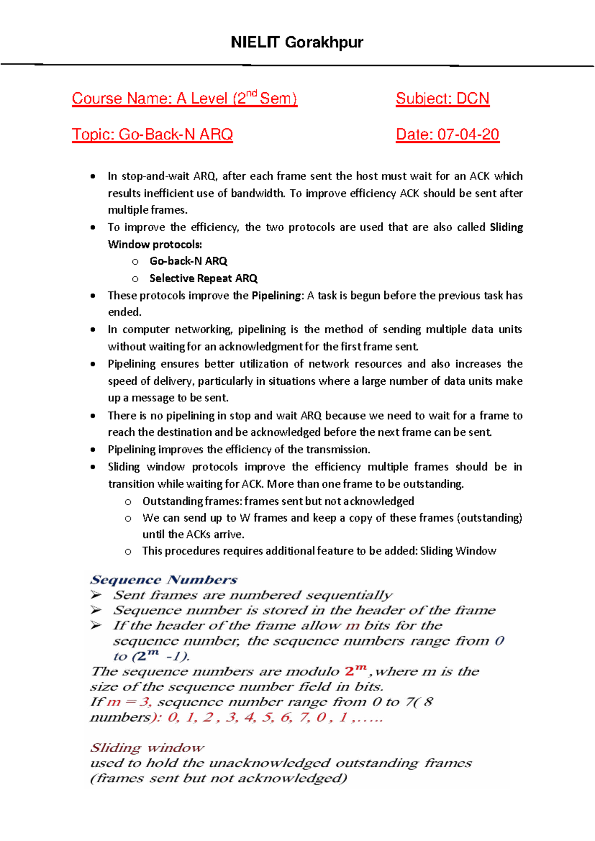 NIELIT Gorakhpur A Level (2nd Sem) DCN Topic: ARQ and Sliding Window ...