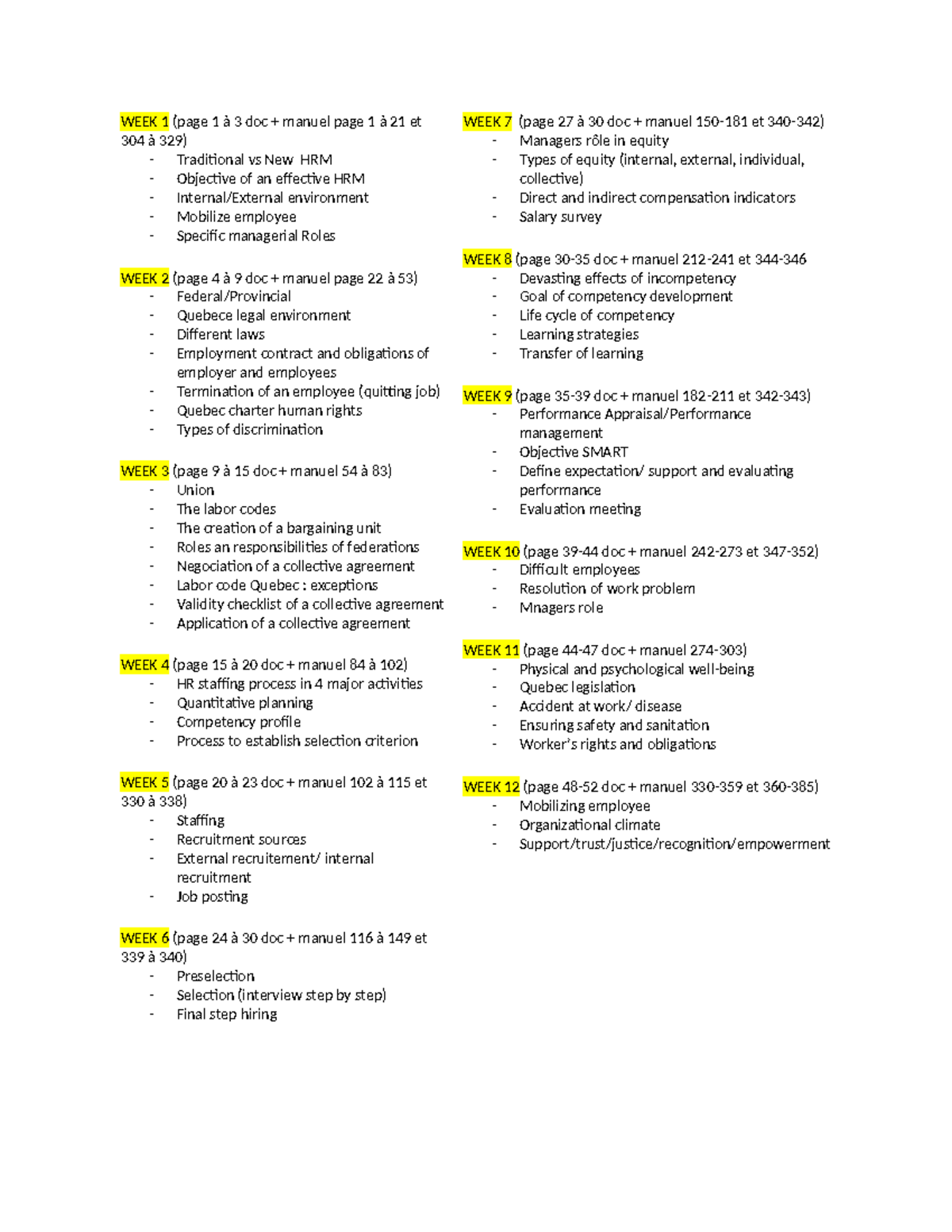 HRM Course Overview: Weekly Topics and Key Concepts (HRM 101) - Studocu