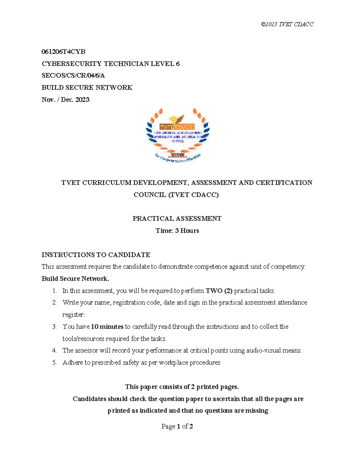 TVET CDACC 061206T4CYB Level 6 Practical Assessment: Build Secure ...