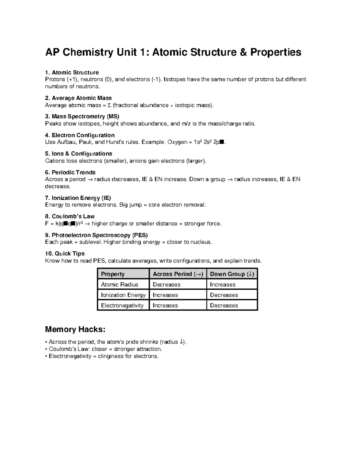 AP Chemistry Unit 1: Atomic Structure Cheat Sheet - Studocu