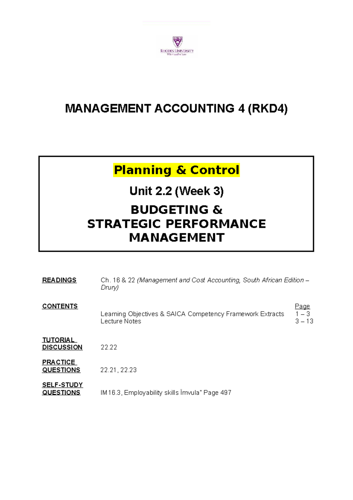 MANAGEMENT ACCOUNTING 4 (RKD4) Budgeting & Strategic Performance Notes ...