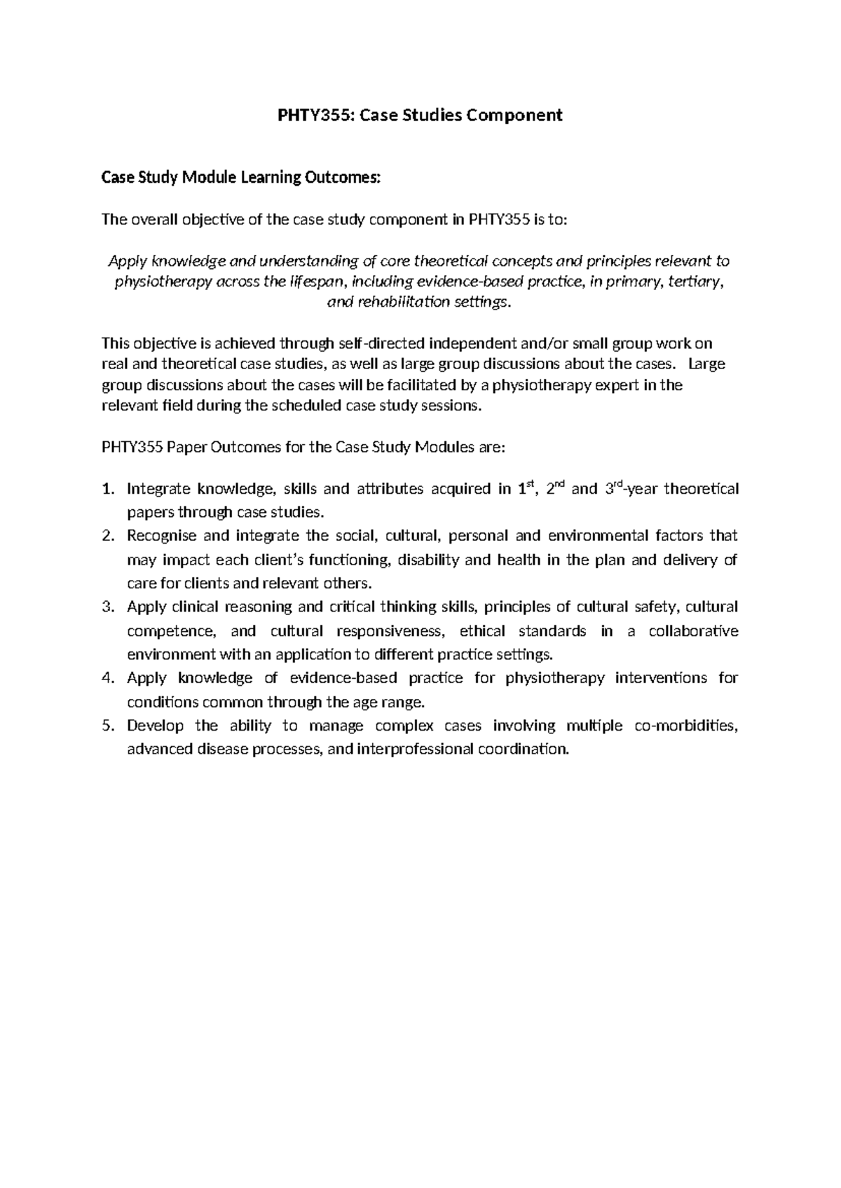 PHTY355: 2025 Case Study Module Overview and Learning Outcomes - Studocu