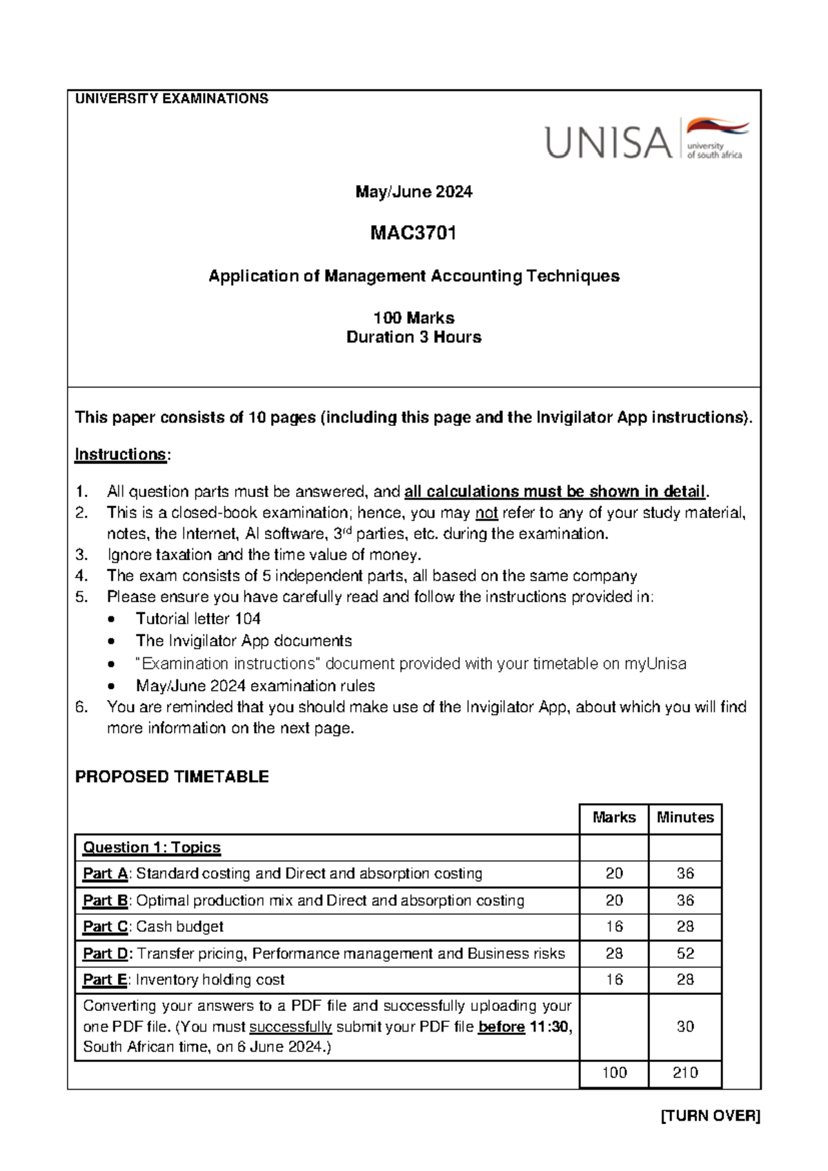 MAC3701 June 2024 Final Exam - Management Accounting Techniques - Studocu