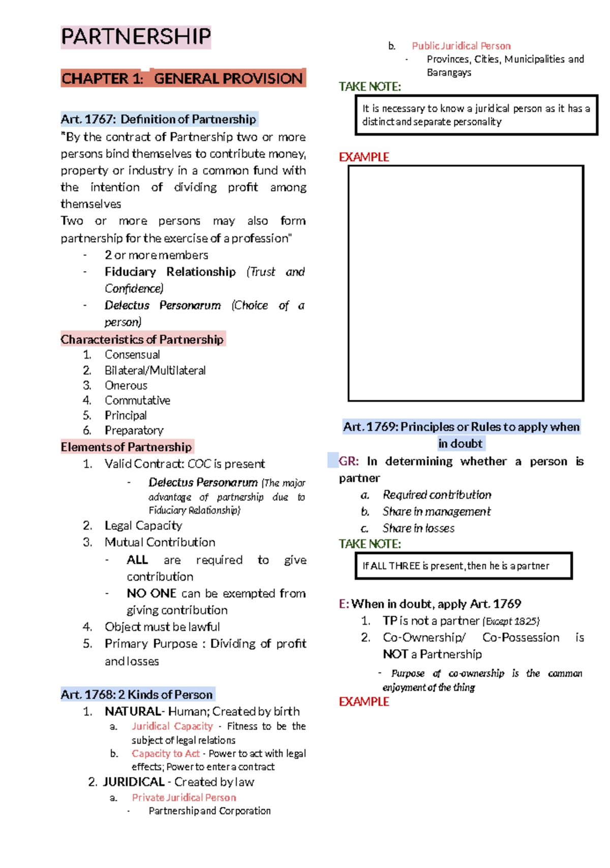 Law Notes - Partnership - PARTNERSHIP CHAPTER 1: GENERAL PROVISION Art ...