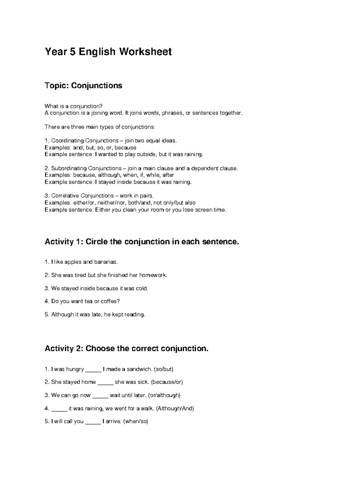 Year 5 English Worksheet: Understanding Conjunctions - Studocu
