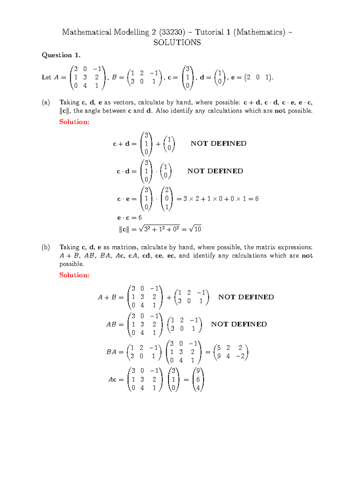 Mathematical Modelling 2 (33230) Tutorial 1 Solutions Overview - Studocu