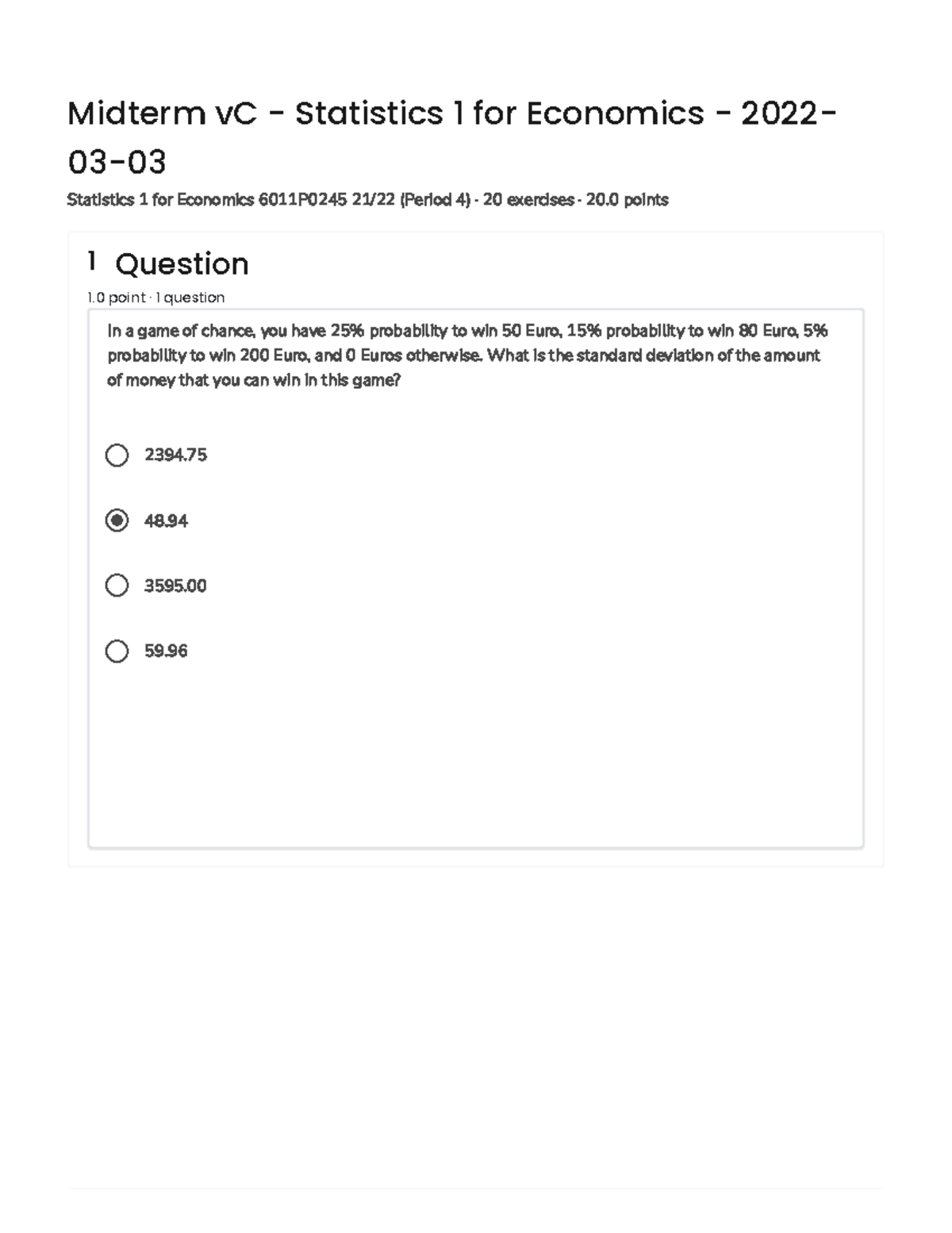 Stat1 Midterm Exam 6011P0245 - Statistics 1 for Economics 2022 ...