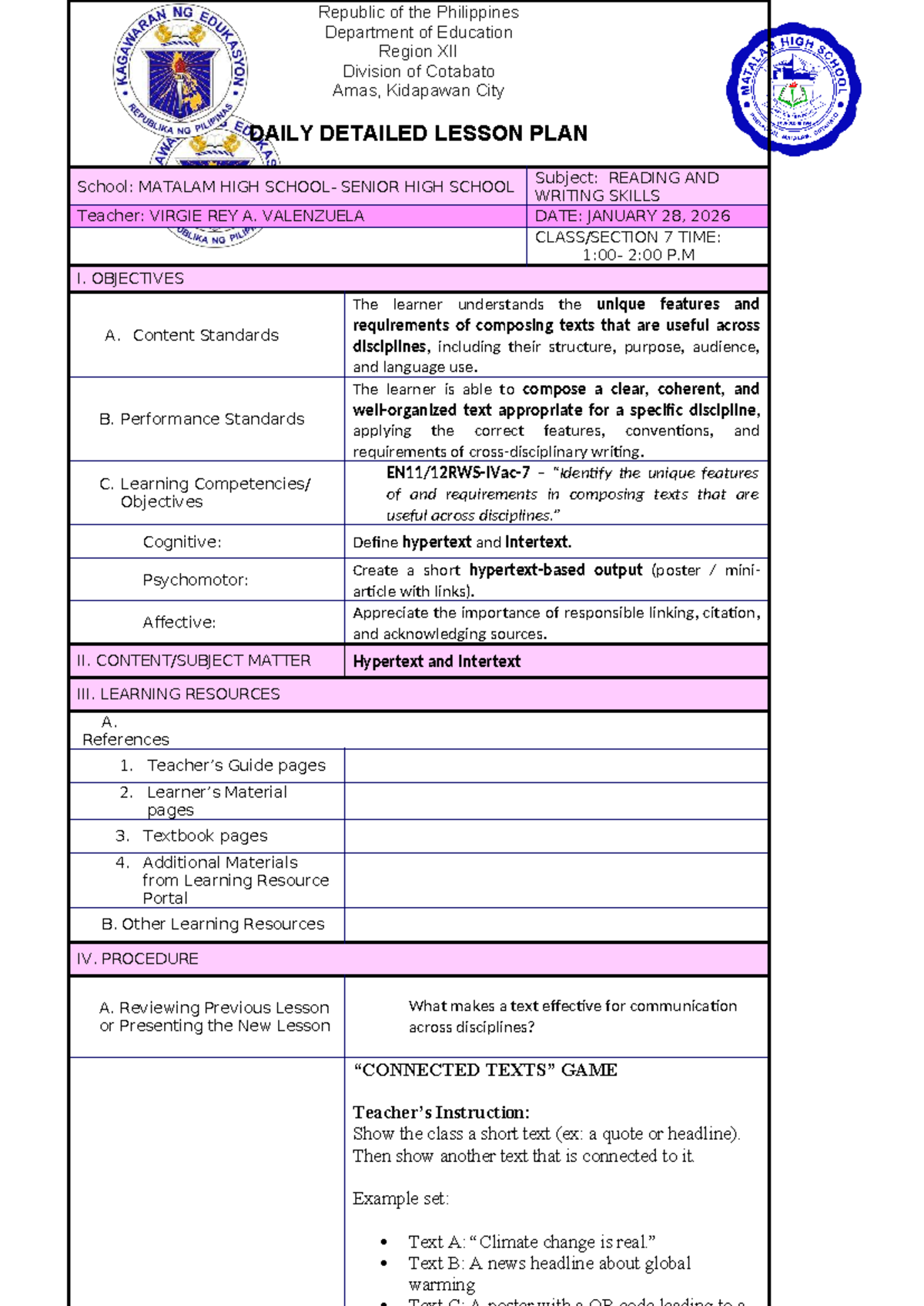 DLP: Detailed Lesson Plan for Reading & Writing Skills (SHS) - Studocu