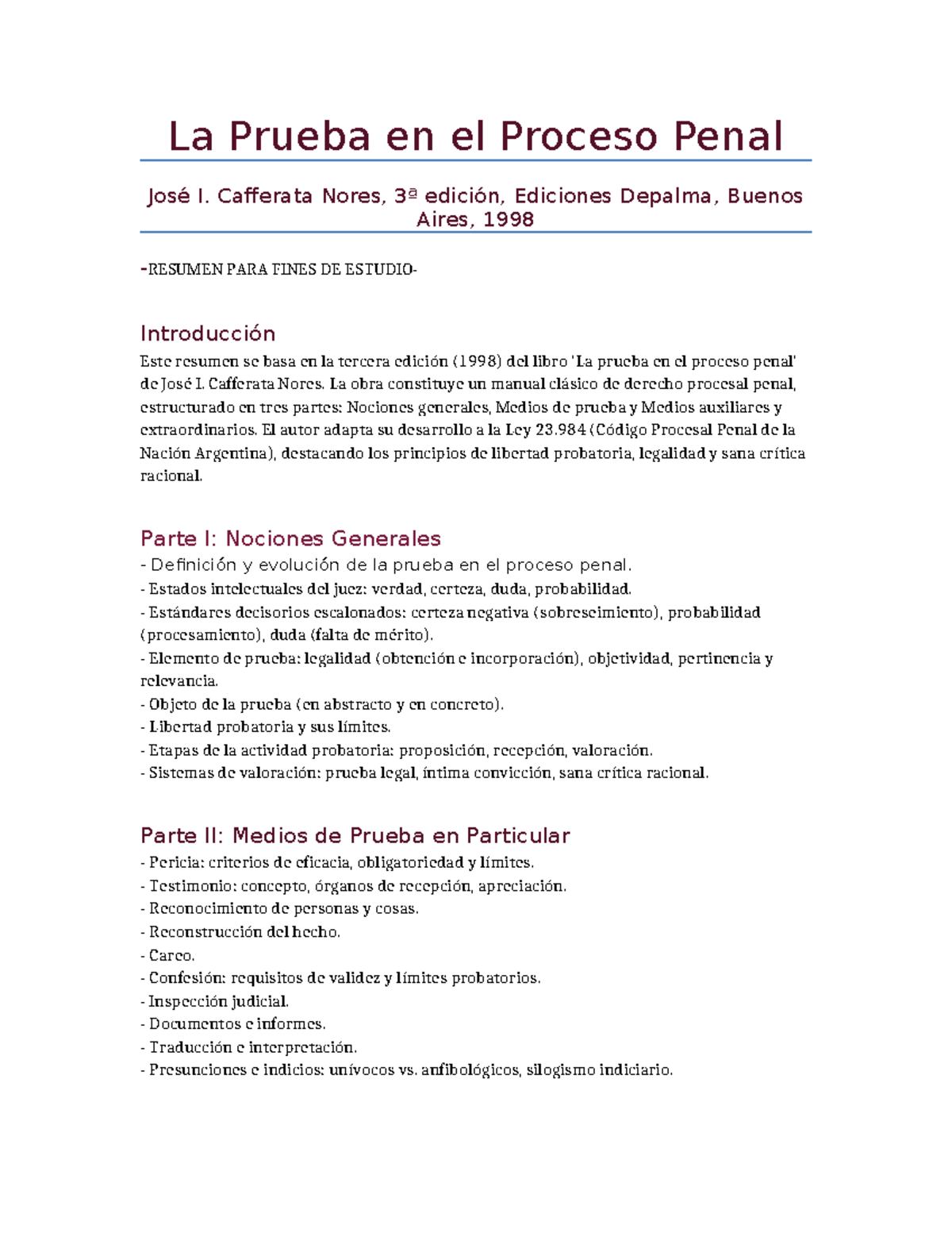 Resumen de La Prueba en el Proceso Penal - Cafferata Nores 3ª Ed. - Studocu