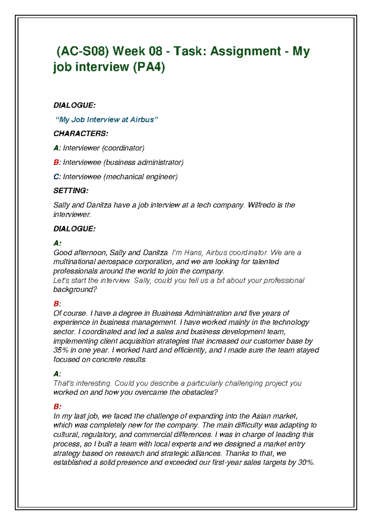 (AC-S08) Week 08 Task: Job Interview Dialogue Assignment (PA4) - Studocu