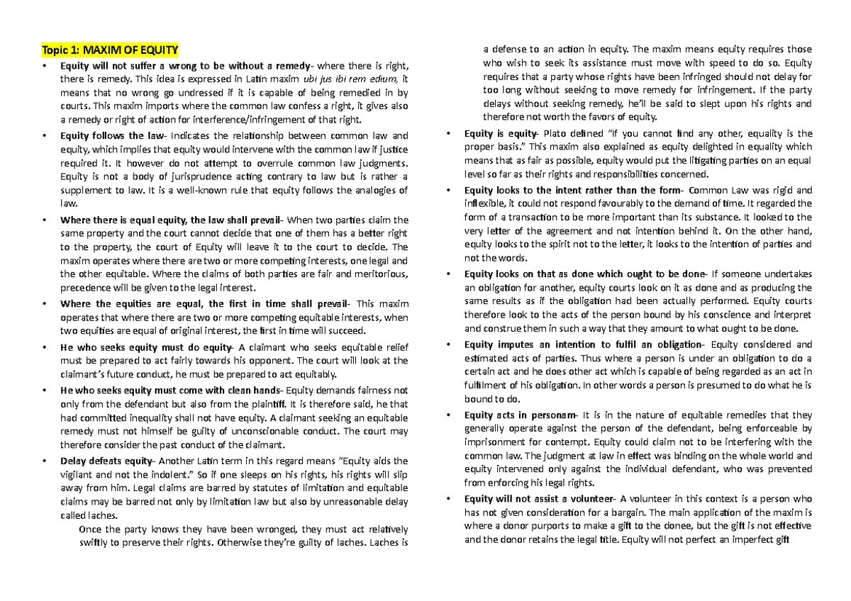 Equity 1 - Maxims and Principles of Equity Law Study Notes - Studocu