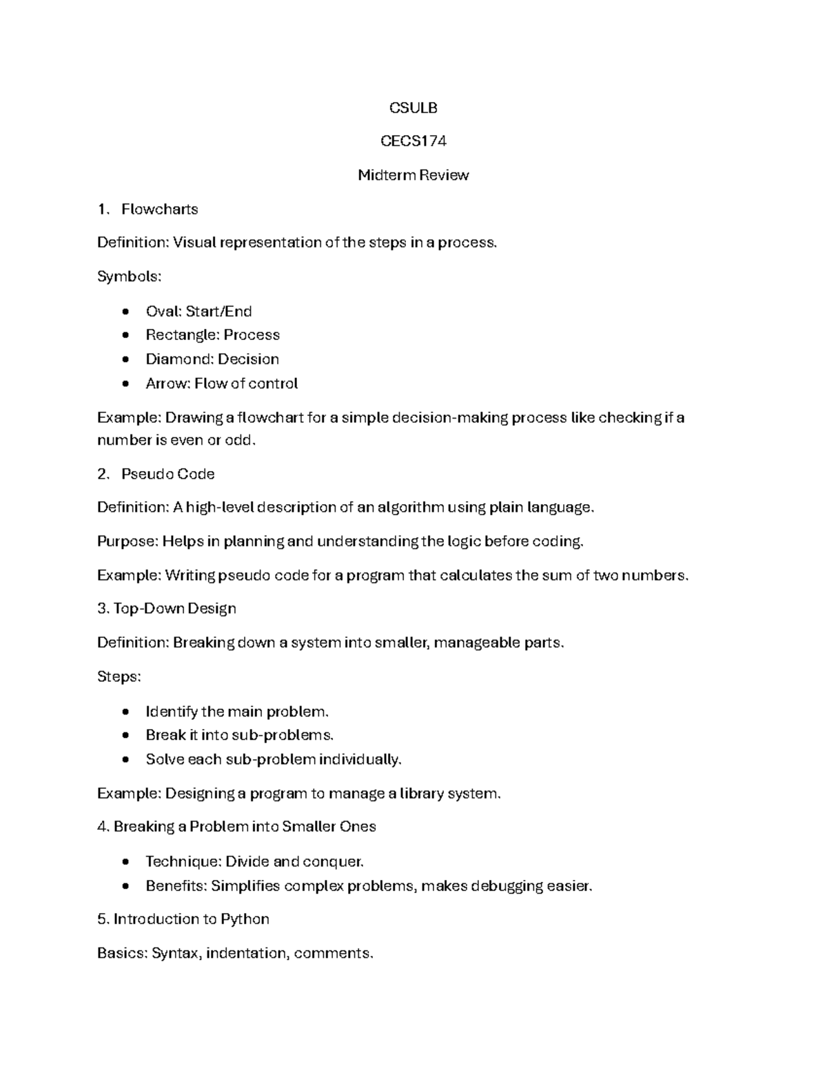 CSULB CECS174 Midterm Review: Flowcharts, Pseudo Code & Python Basics ...