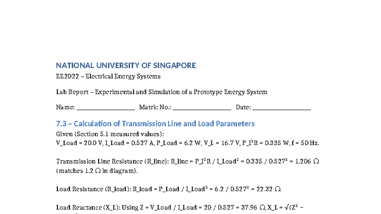 EE2022 Electrical Energy Systems Lab Report: Experimental & Simulation ...