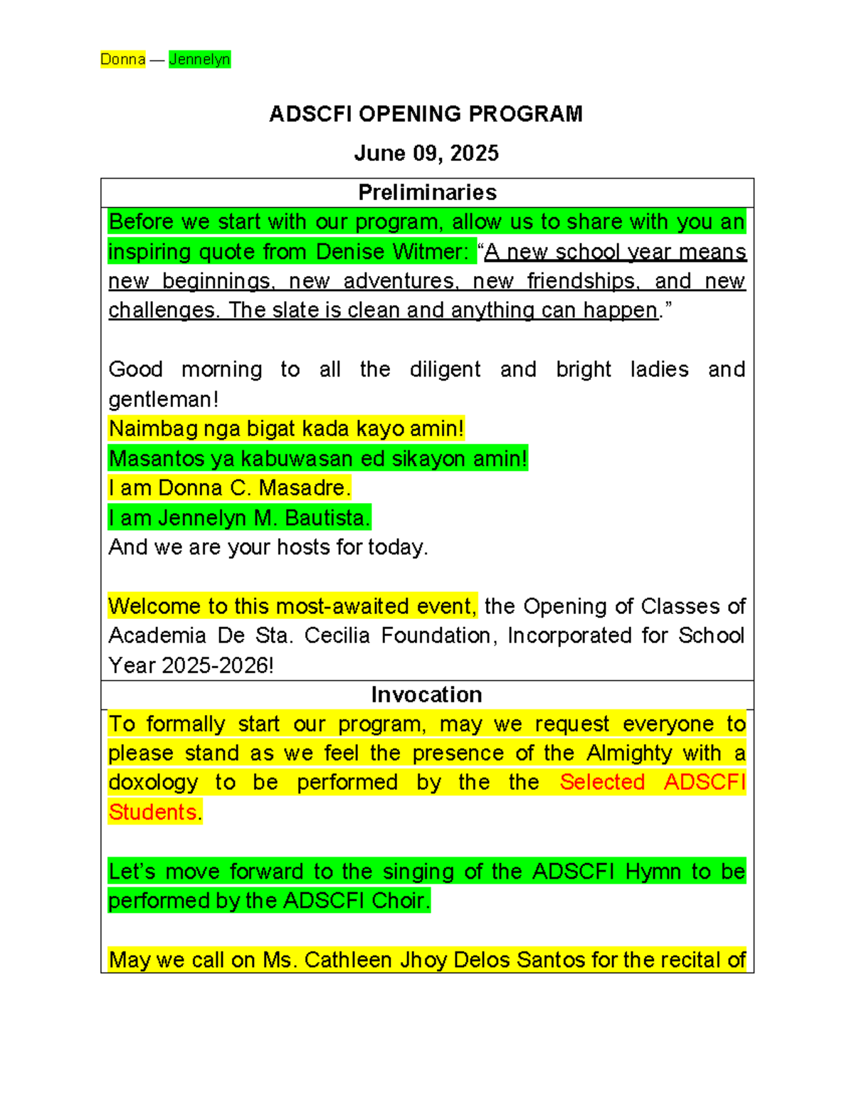 ACDSCFI Opening Program Script for School Year 2025: A New Beginning ...