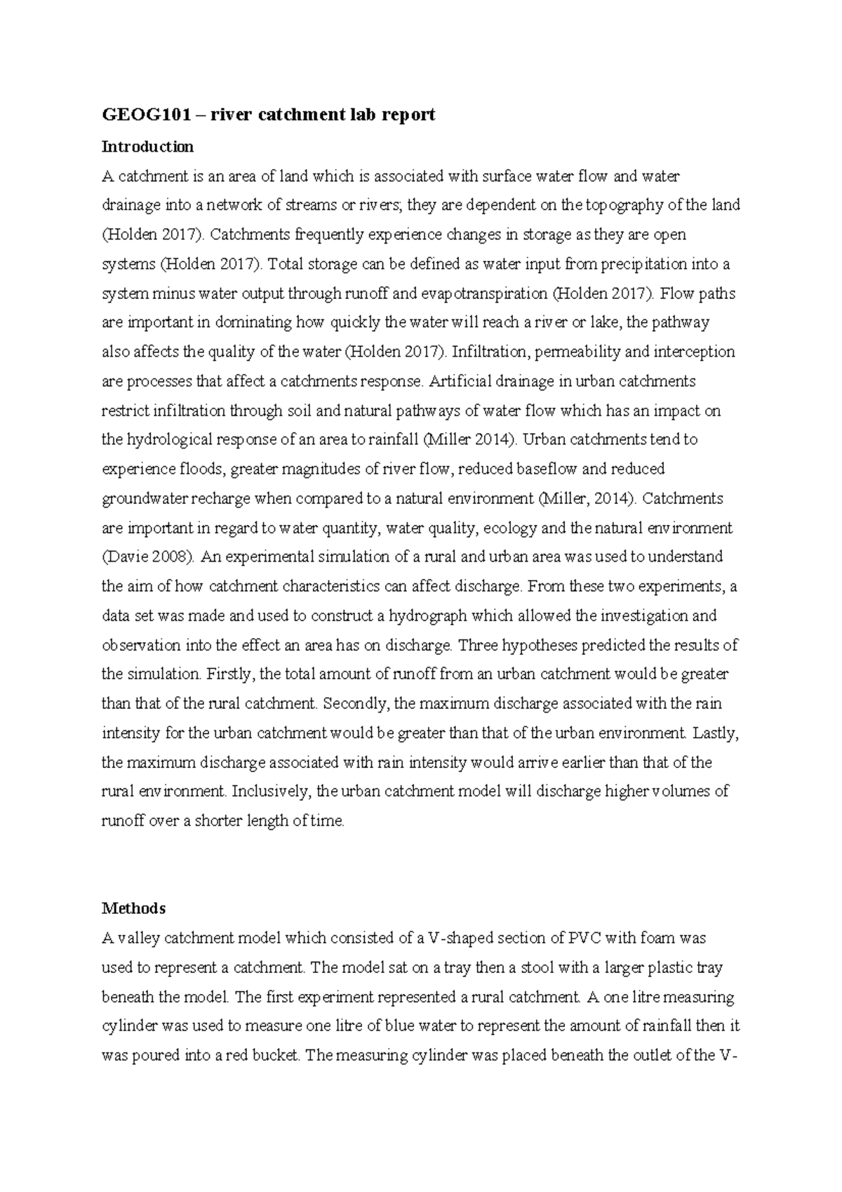 River catchment lab report - GEOG101 - Physical Geography - Otago - Studocu