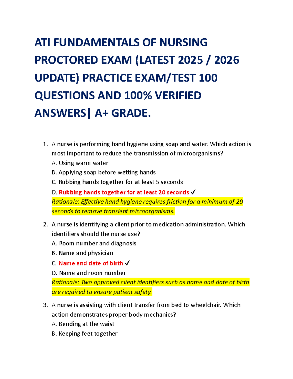 ATI Fundamentals of Nursing Proctored Exam Practice Questions (2025 ...