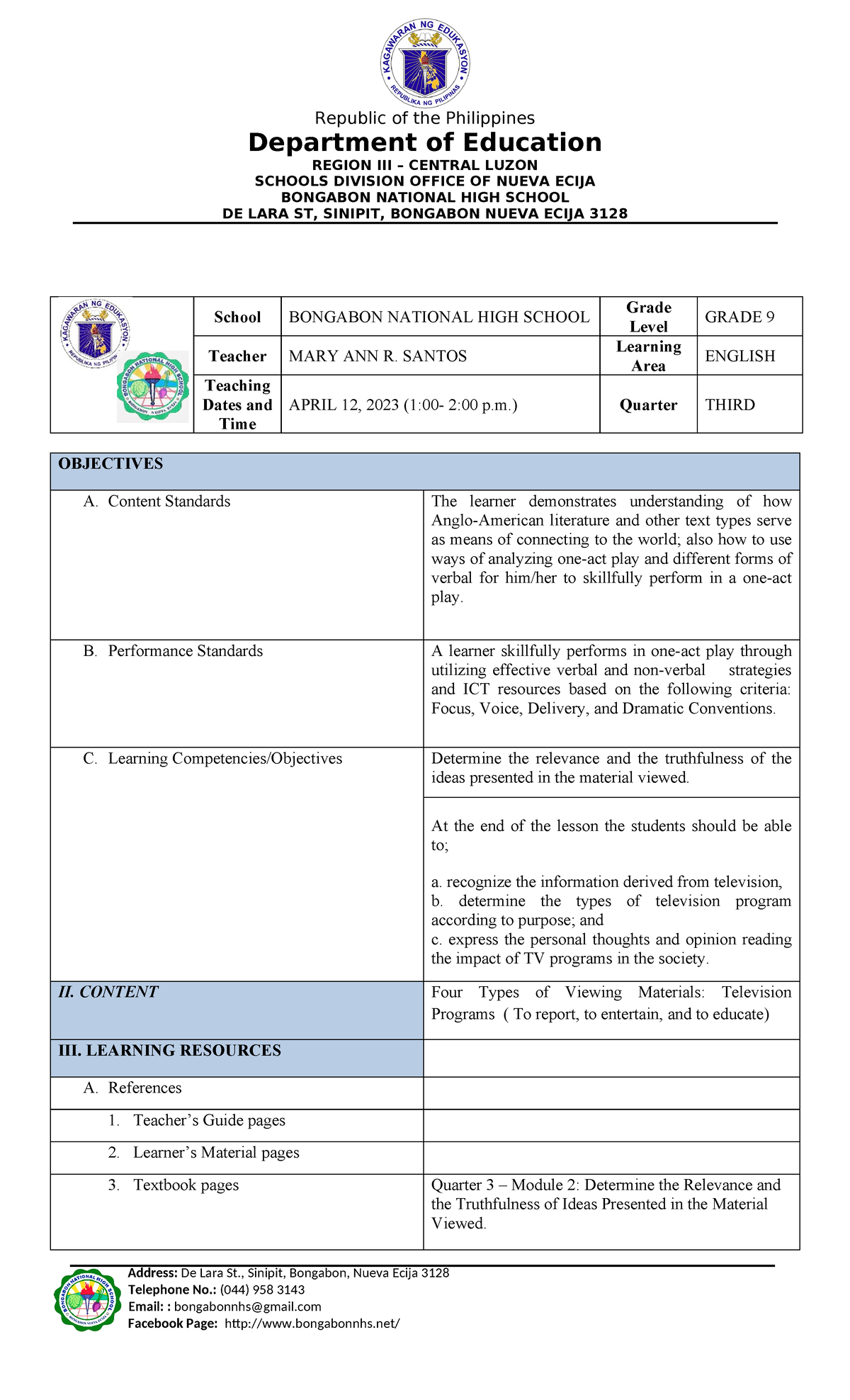 Final Demo Lesson Plan for G9 English - Types of TV Programs - Studocu