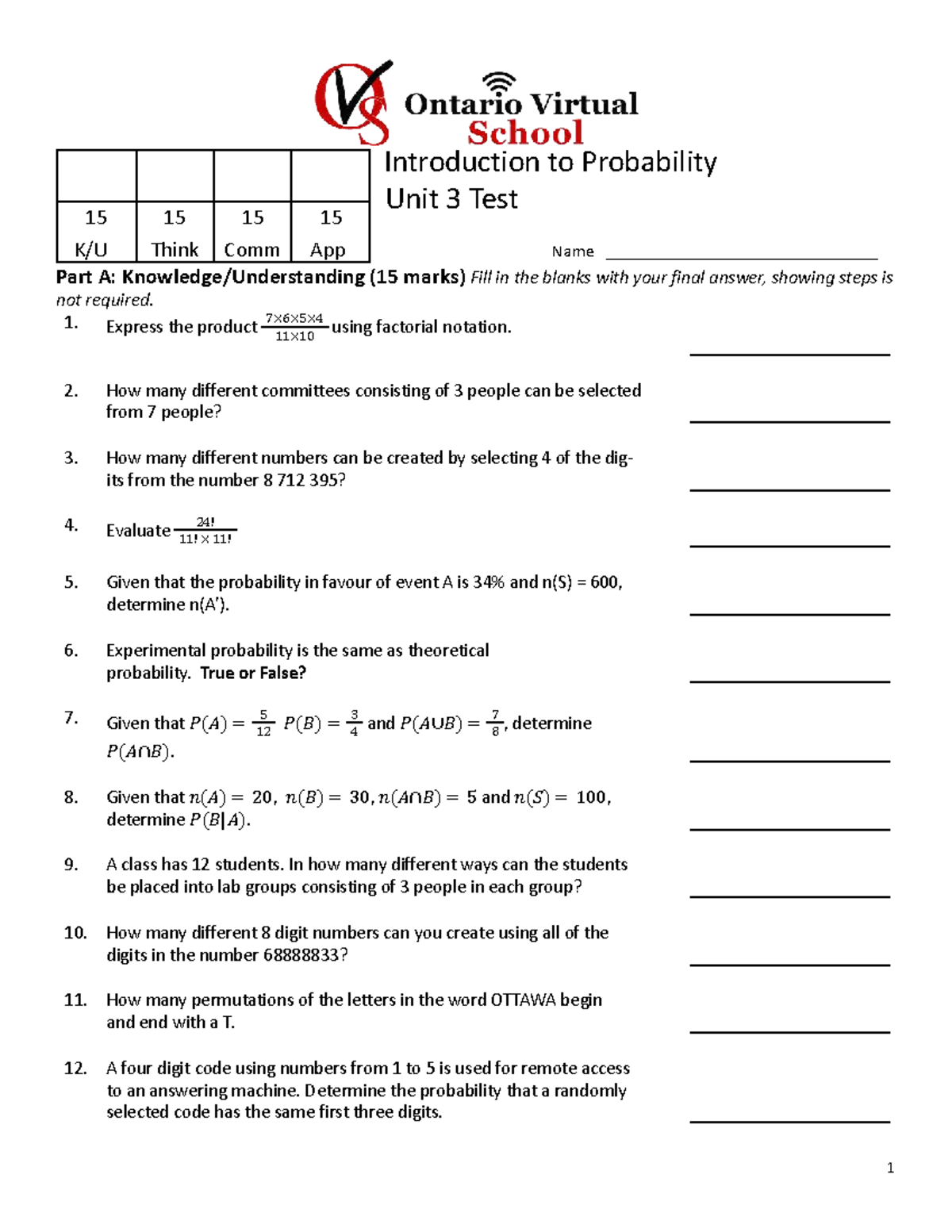 MDM4U - Unit 3 Test: Introduction to Probability Concepts - Studocu