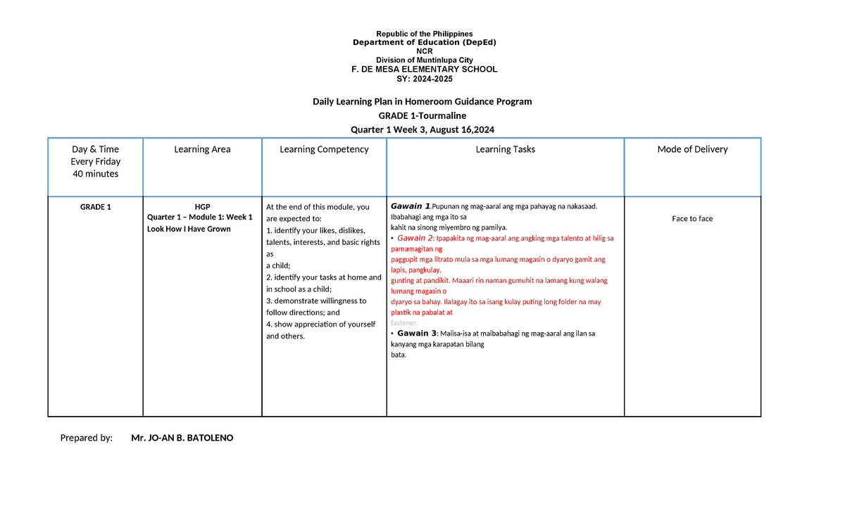 HG DLL Q1 WEEK 1 - HOMEROOM GUIDANCE LEARNING PLAN - Studocu