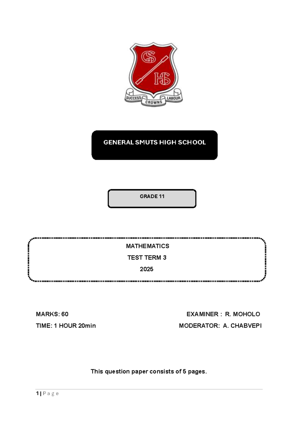 Grade 11 Mathematics Test Term 3 - General Smuts High School - Studocu