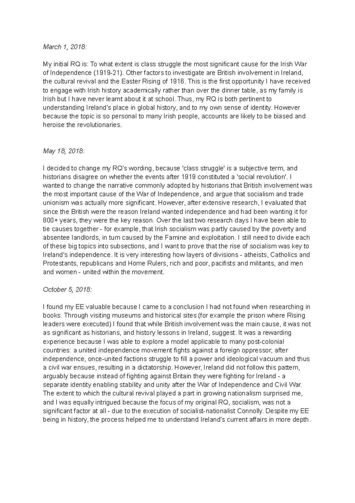 EE Reflections - March 1, 2018: My initial RQ is: To what extent is ...