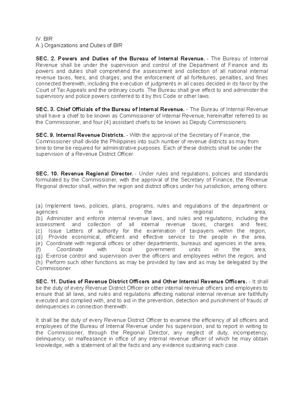 Tax Handout 1 - IV. BIR A.) Organizations and Duties of BIR SEC. 2 ...