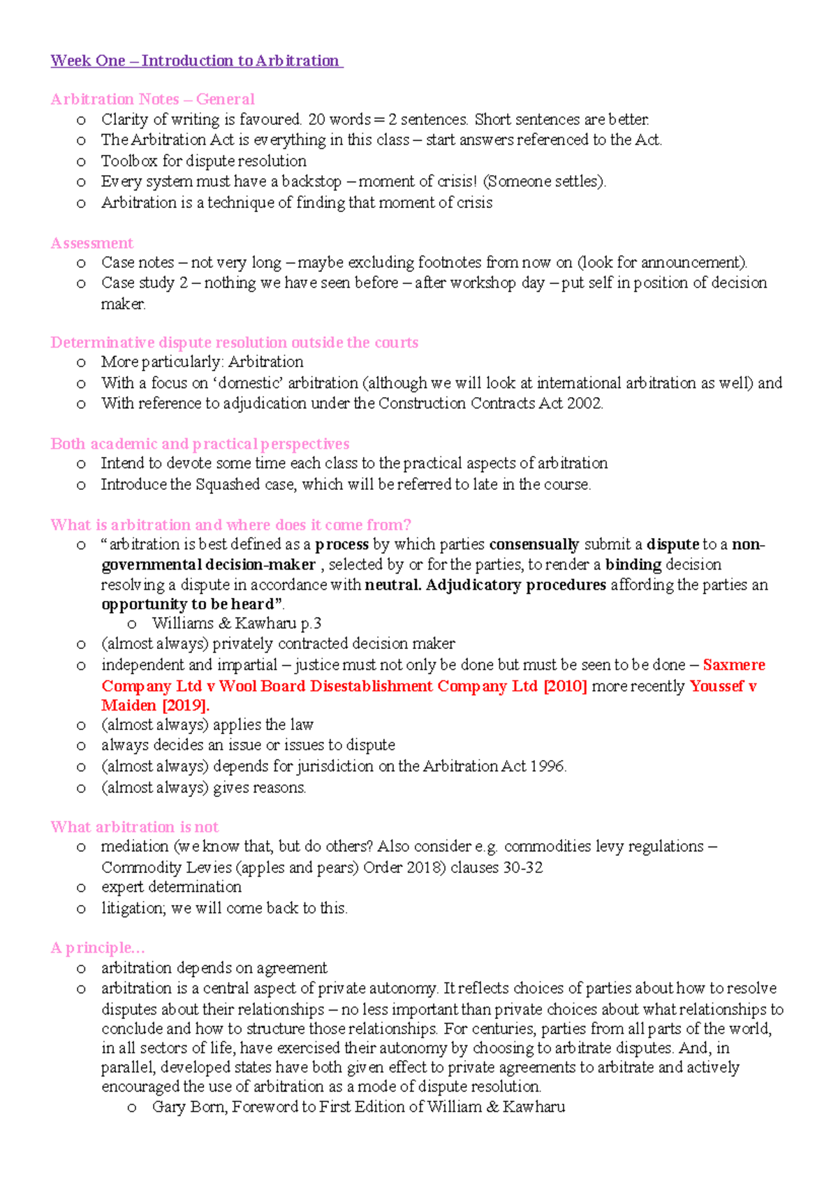 Arbitration Notes - Week One – Introduction to Arbitration Arbitration ...