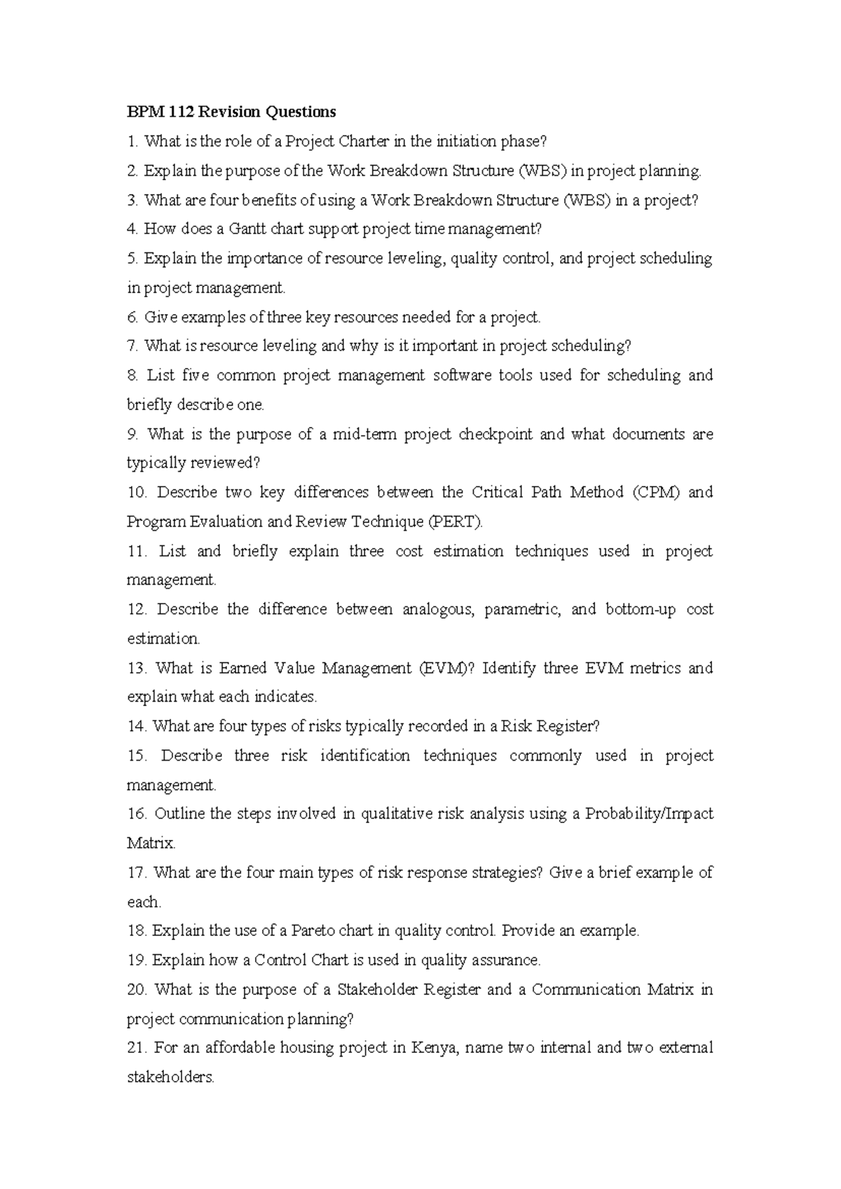 BPM 112 Project Management Revision Questions and Key Concepts - Studocu
