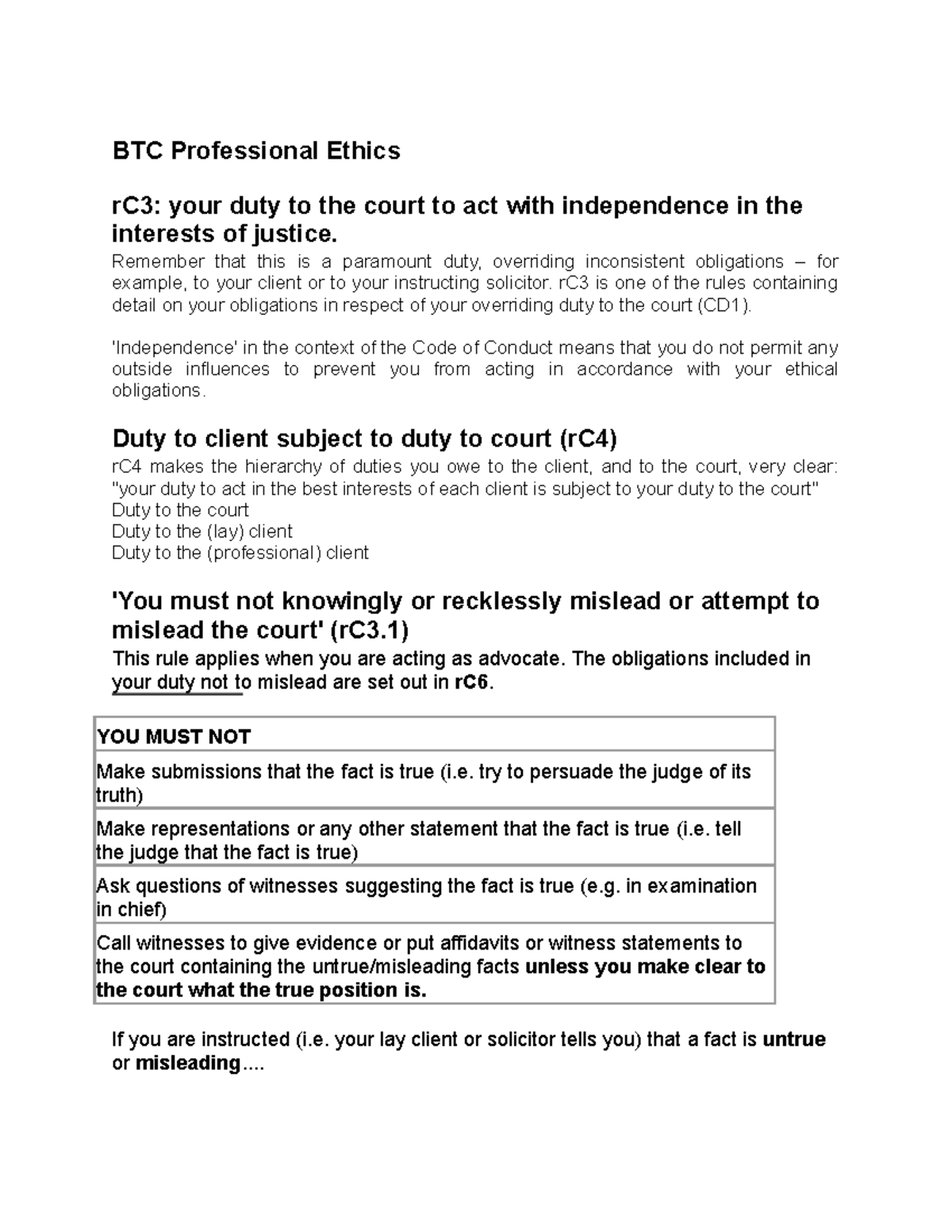 BTC Professional Ethics: Duties to the Court and Client ...