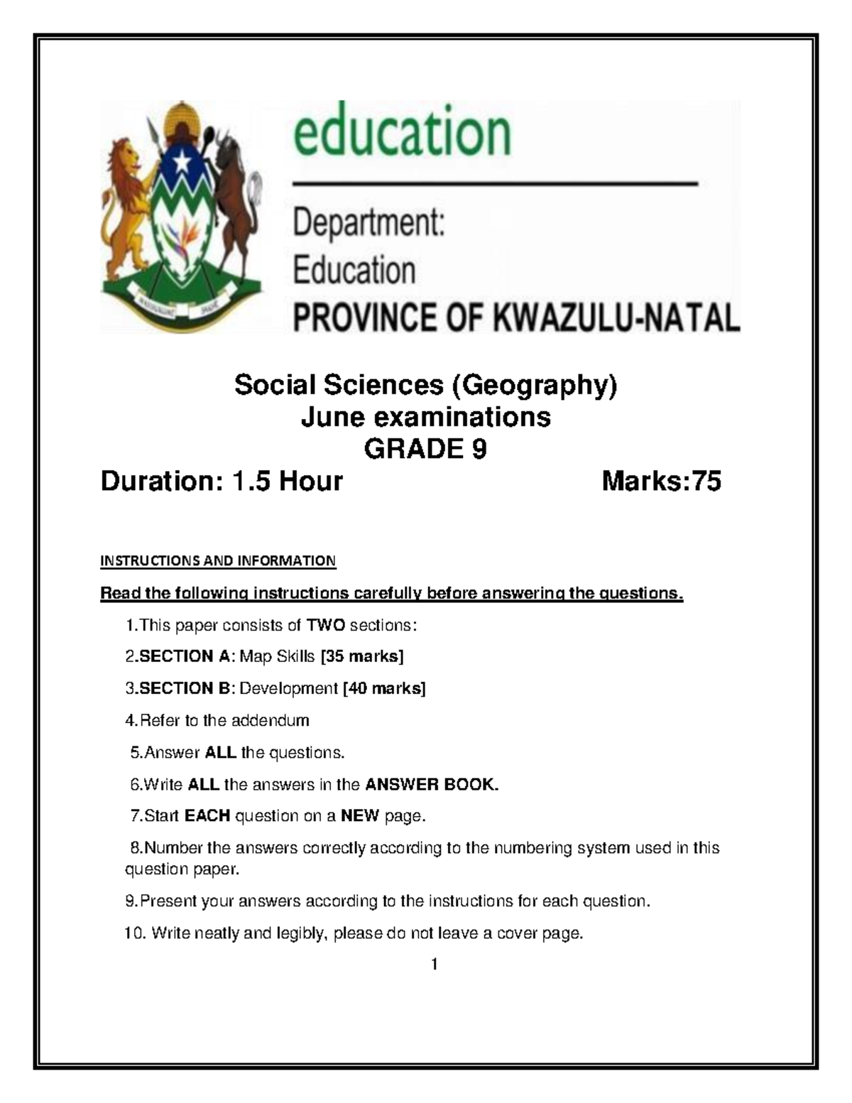 Grade 9 Geography JUNE Controlled TEST: Map Skills & Development Issues ...
