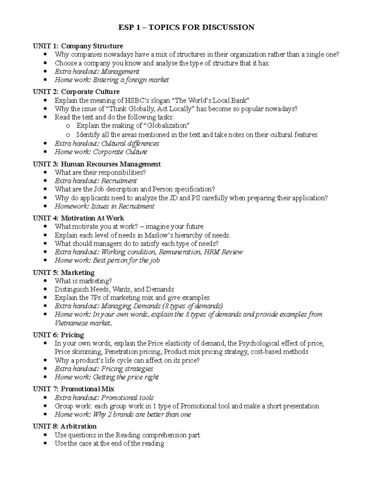 ESP 1 topics for discussion - ESP 1 – TOPICS FOR DISCUSSION UNIT 1 ...