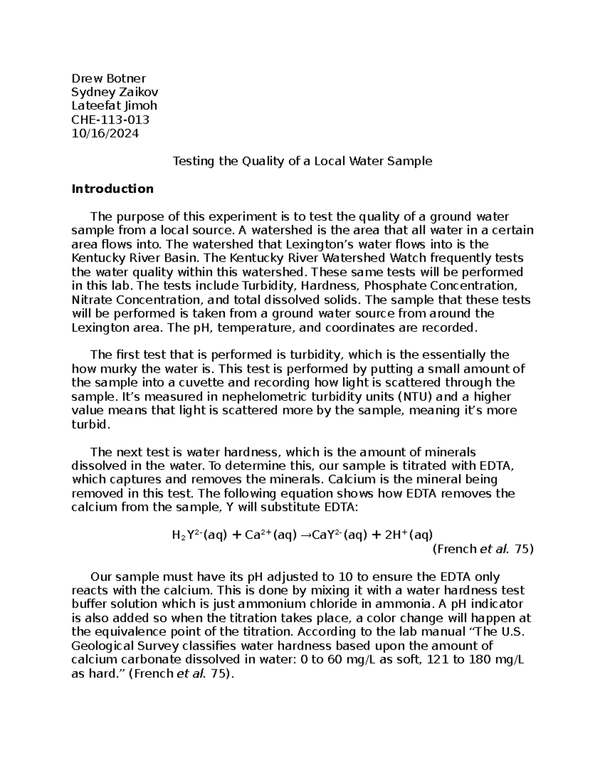 Chem 113 Lab Report: Testing Local Ground Water Quality - Studocu