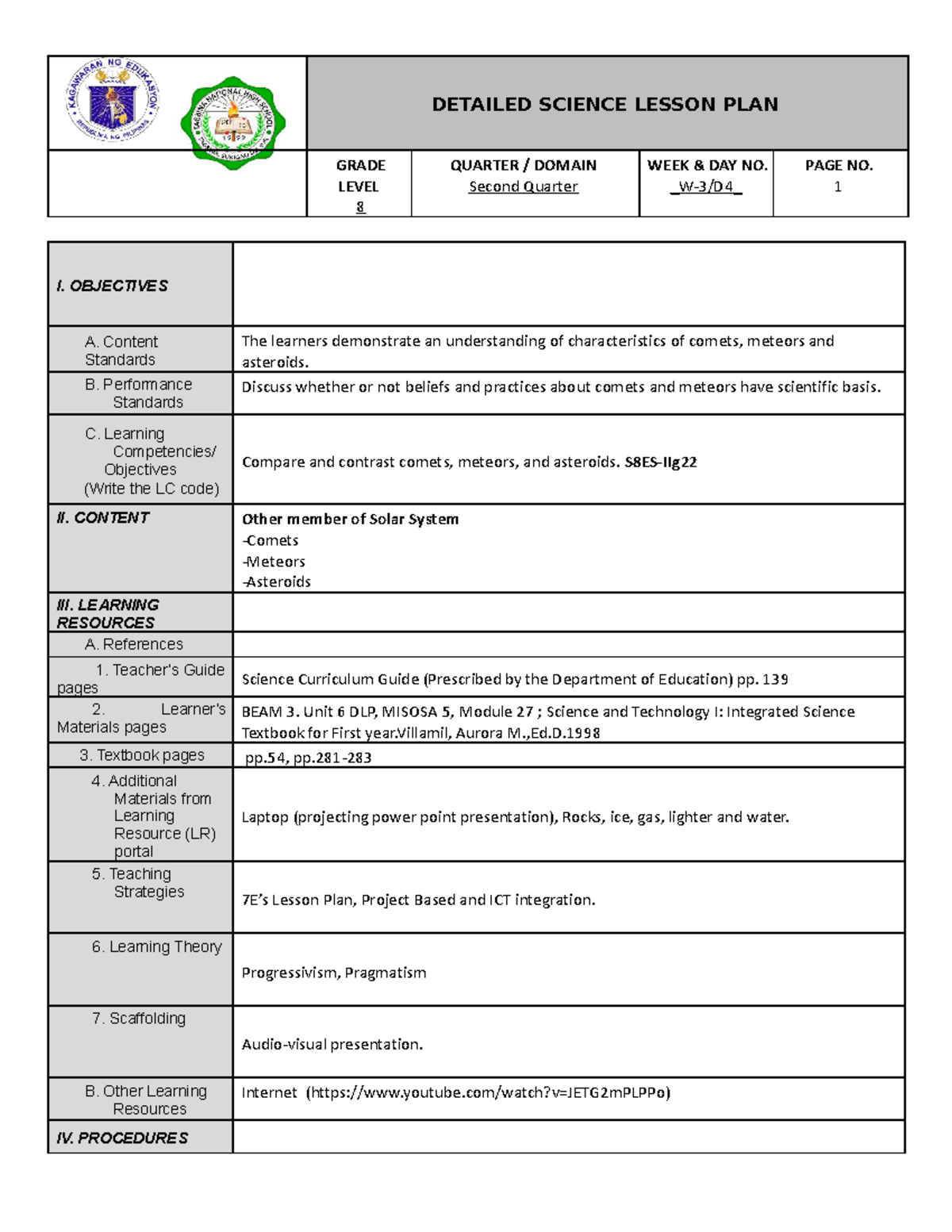 7E's Lesson Plan on Comets, Meteors, and Asteroids - GRADE 7 - Studocu
