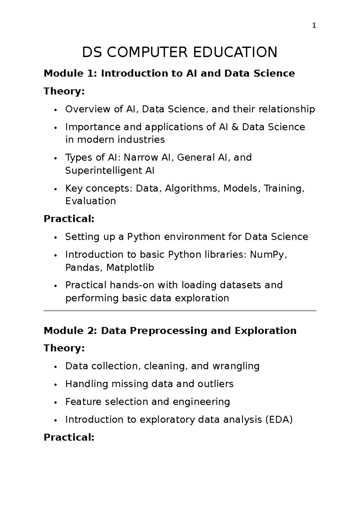 AI & Data Science Course (1 DS) - Final Module Overview - Studocu