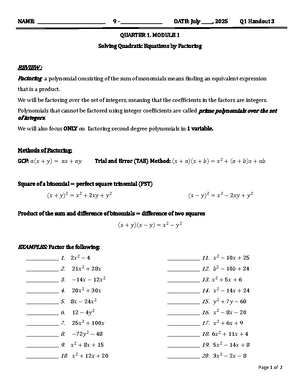 Q1 Handout 2: Solving Quadratic Equations by Extracting Square Roots ...