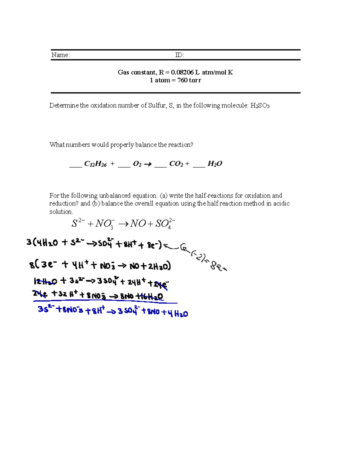 Chemistry Exam 2 Sample 1 - Practice Questions for Exams 1, 2, 3 - Studocu