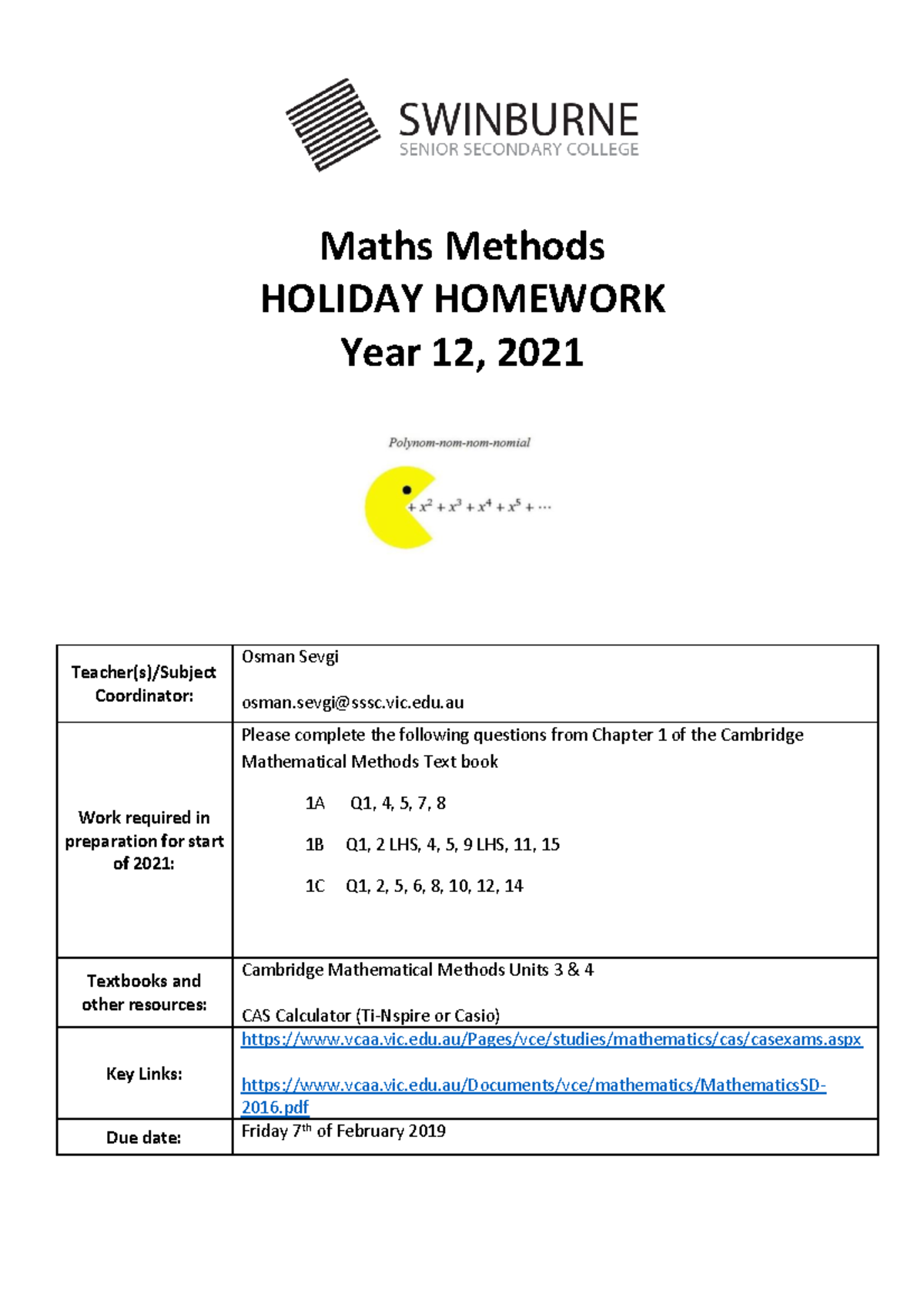 2021 Maths Methods Holiday Homework - Year 12 Tasks from Chapter 1 ...