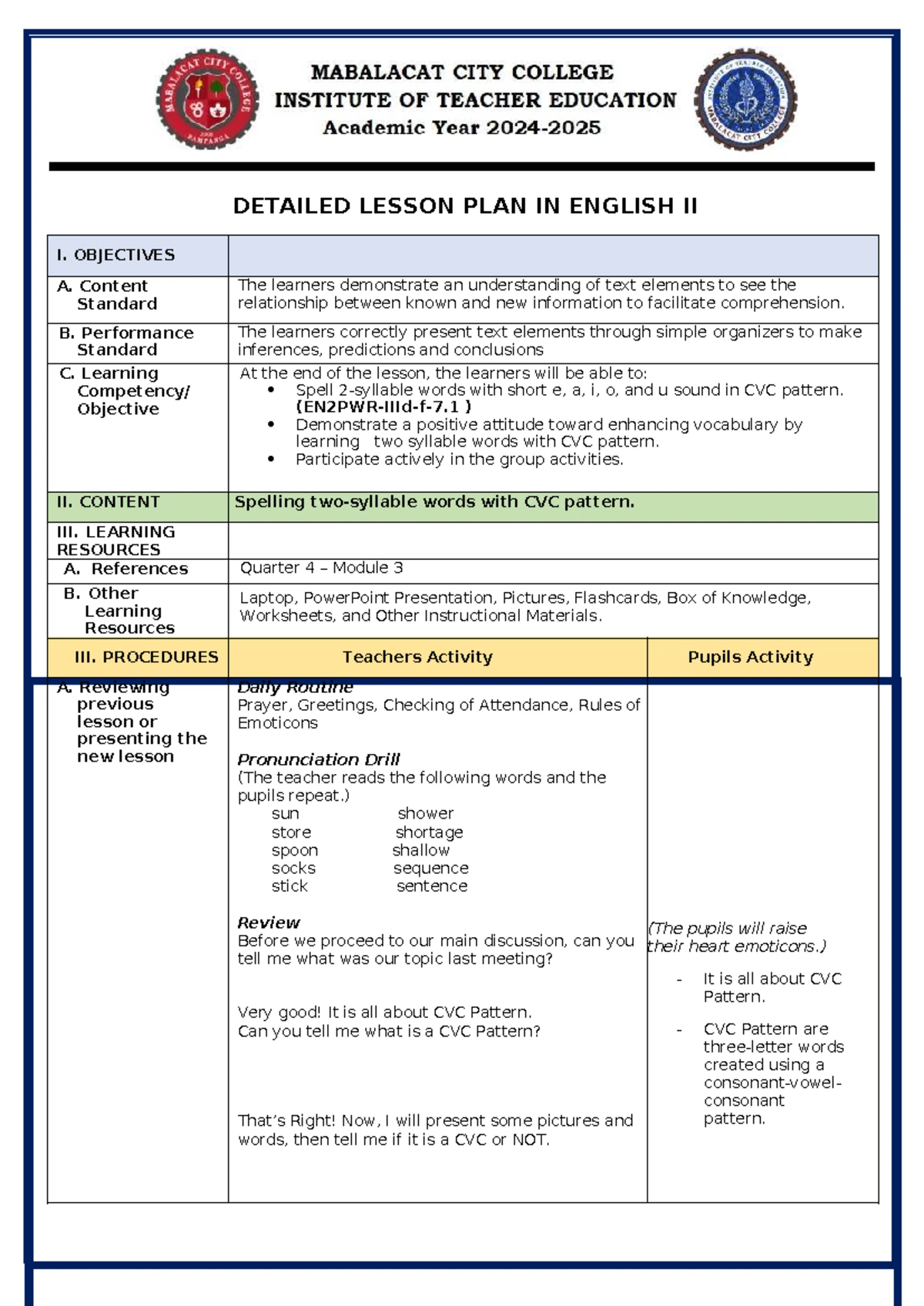 Final Demo Lesson Plan for English II: CVC Pattern Focus - Studocu