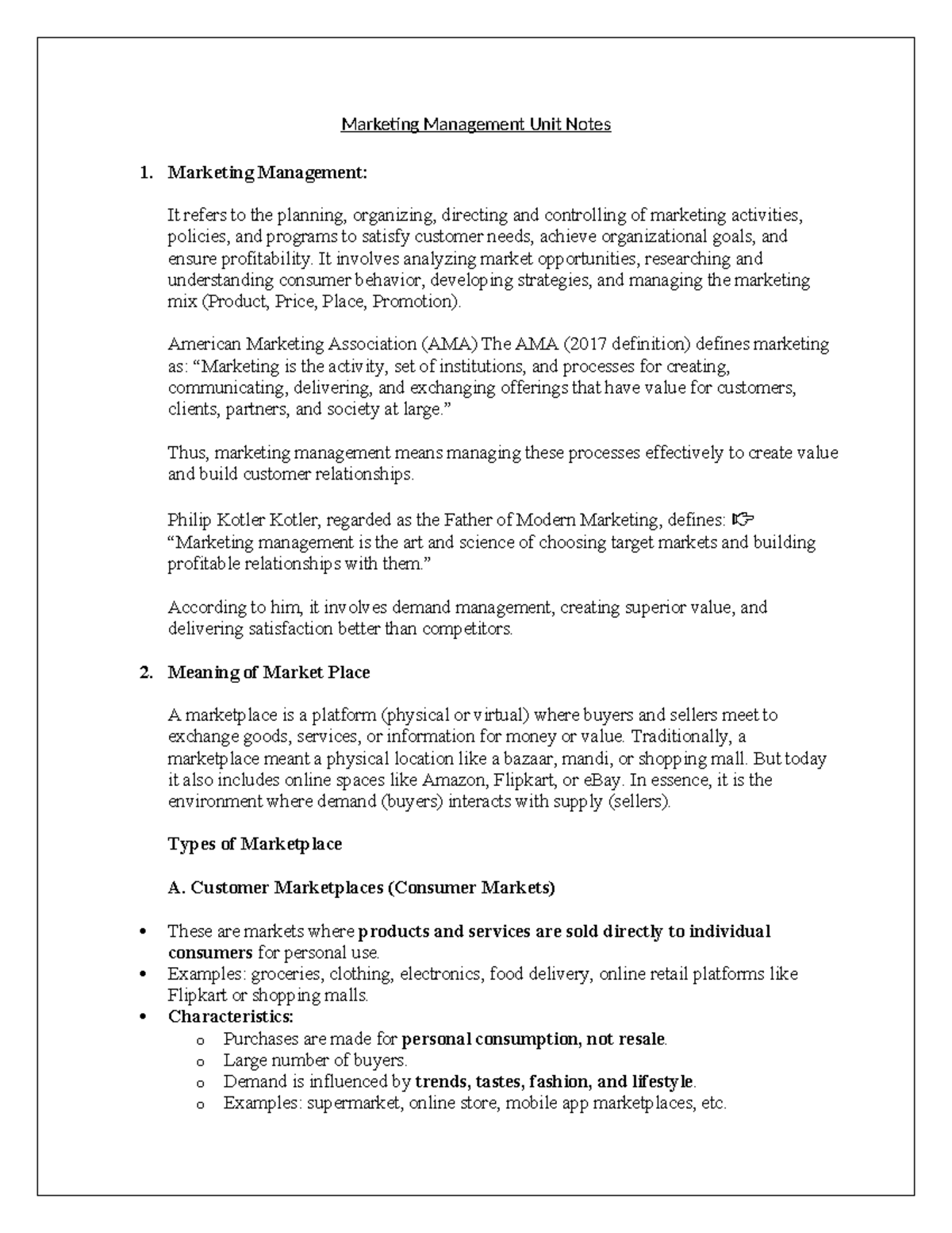 Marketing Management Unit Notes: Key Concepts and Strategies - Studocu