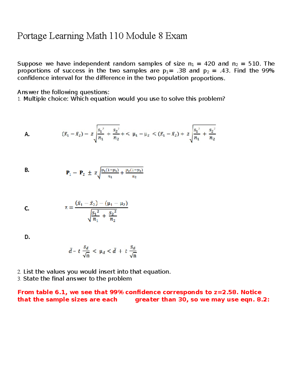 Math 110 Module 8 Exam 3: Confidence Intervals & Hypothesis Testing ...