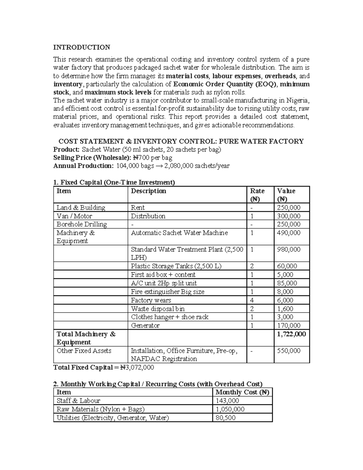 Introduction - Assignment: Costing & Inventory Control in Pure Water ...