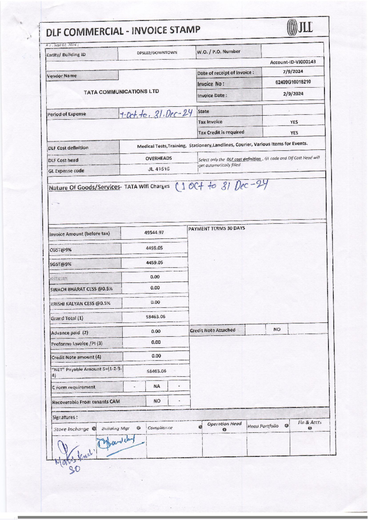 TATA 8210 - jnjahdau - DLF COMMERCIAL INVOICE STAMP JLL Sept 01 2024 W ...