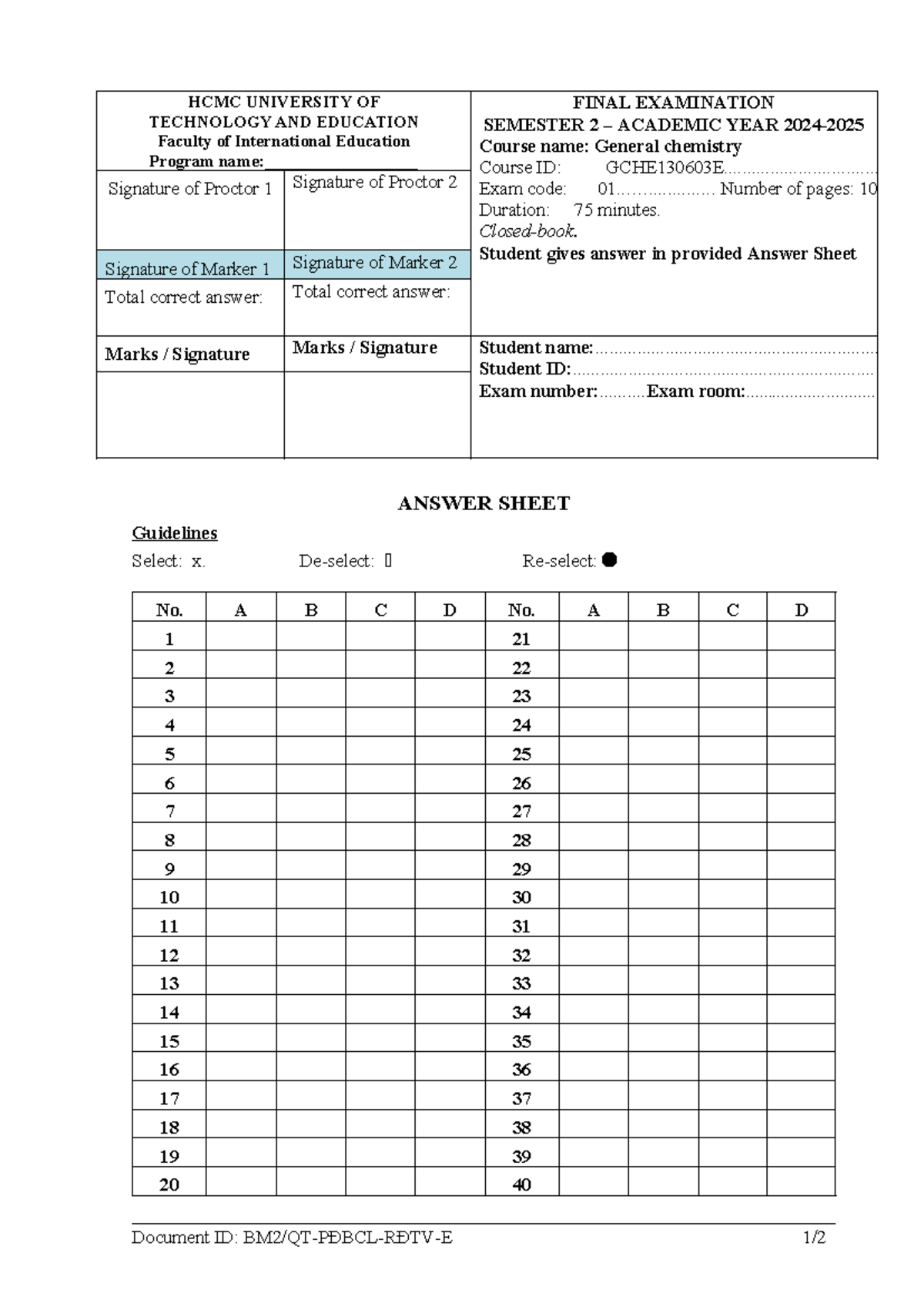 FINAL EXAM GCHE130603E - General Chemistry Semester 2 (2024-2025) - Studocu
